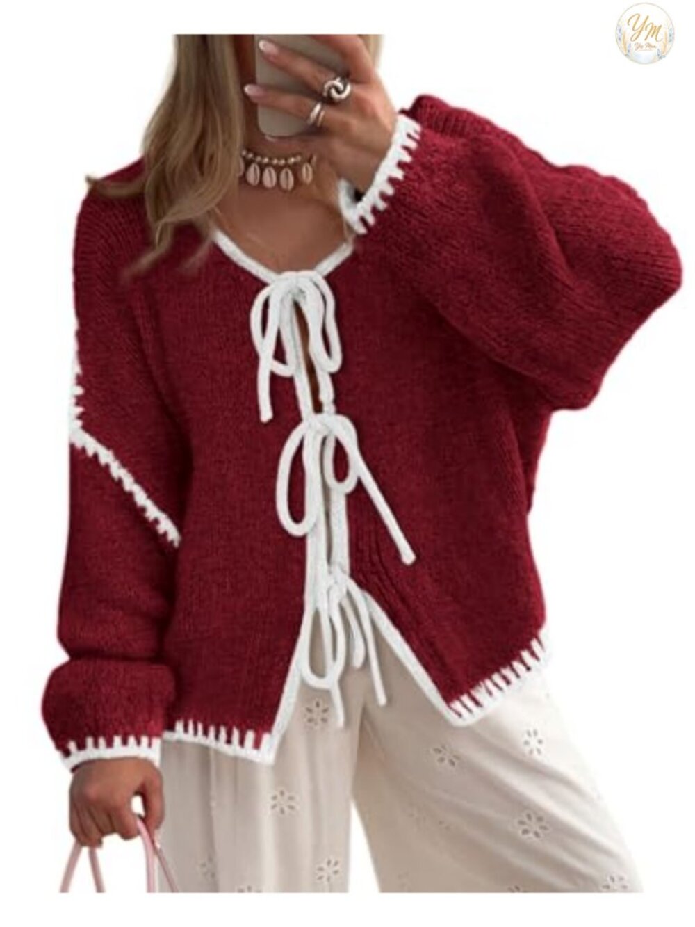 Tie Front Bow Cardigan Cable Knit Puff Sleeve Sweater